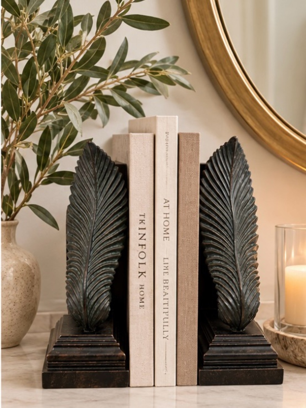 Vintage Ornate Curving Scroll Feather Bookends in Black Distressed Bronze Look